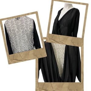 IZ Byer Woman’s Black Sheer Top with Cream Color Lace Roll Tab Sleeves  Jr Sz M